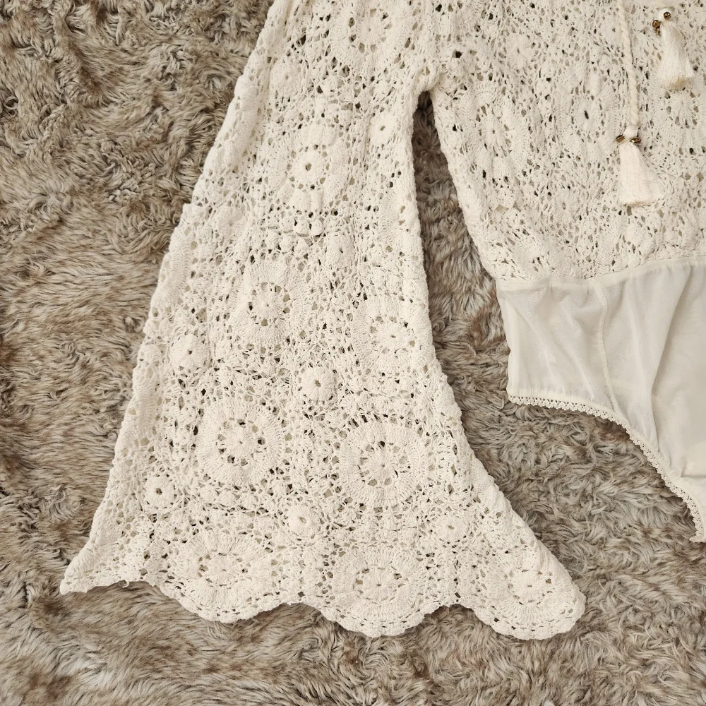 Free‎ People Desert Daze Crochet Bodysuit In Ivory White Womens Size Large